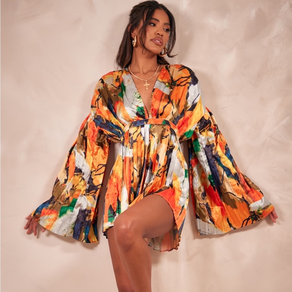 Orange Abstract Plunge Pleated Romper